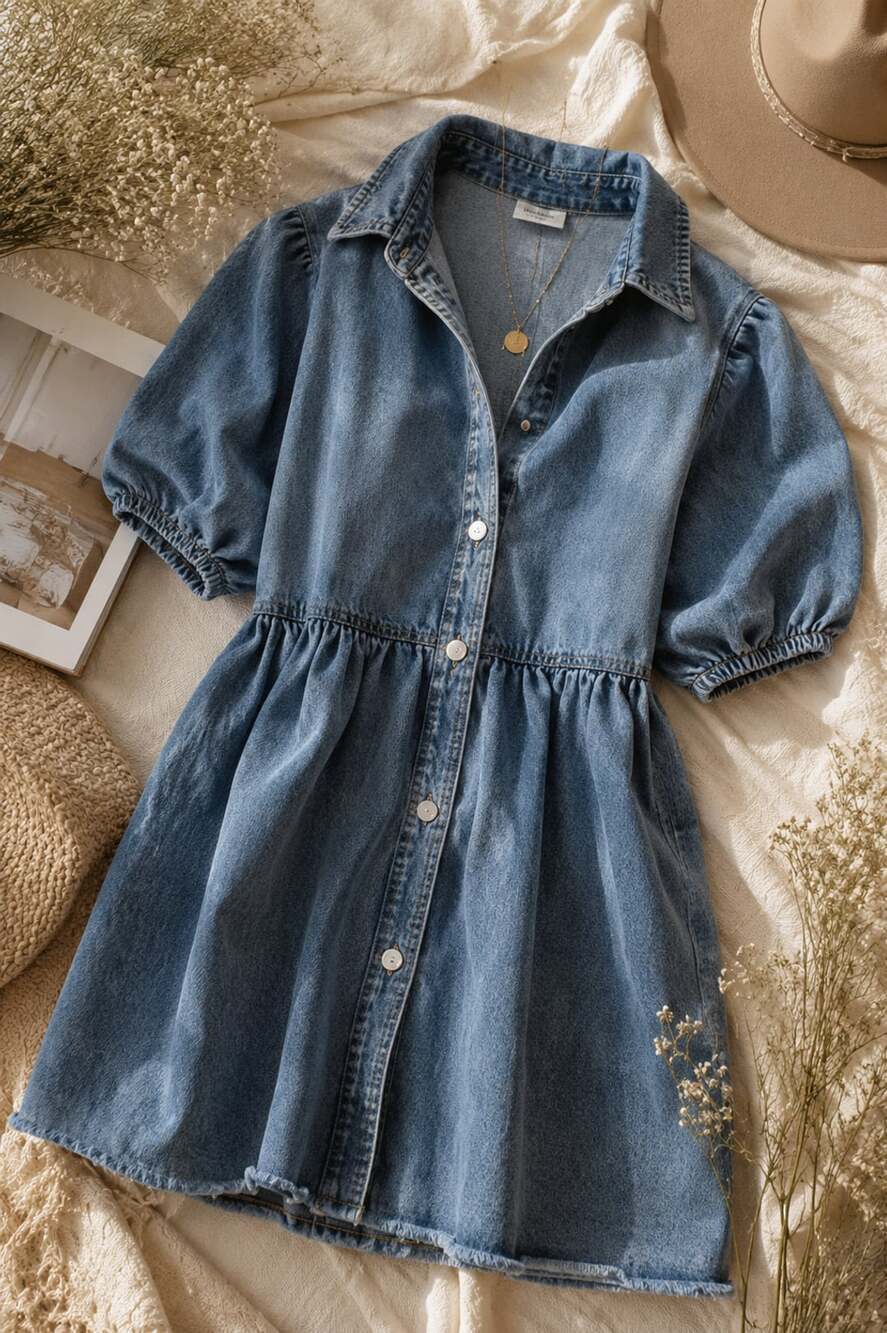 Womens Summer Babydoll Denim Dress with Flowy Puff Sleeves Button Down